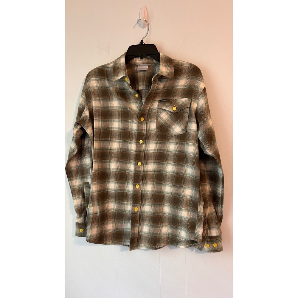 Columbia Mens Plaid Flannel Button Up Shirt Green Brown XM0559 Small